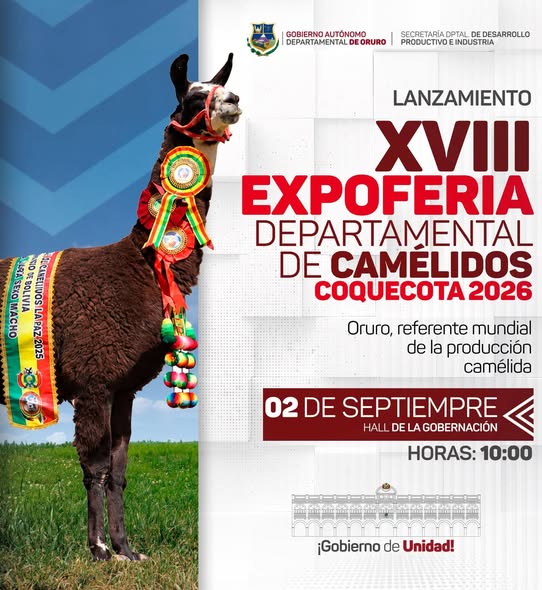 EXPOFERIA departamental de Camélidos Oruro 2026, en Choquecota – Oruro, del 11 al 13 de sept.